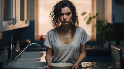 Young woman with a sad face washes dishes - obrazy, fototapety, plakaty