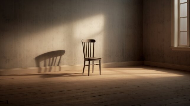 Three-dimensional art of an empty room with a single chair AI generated illustration