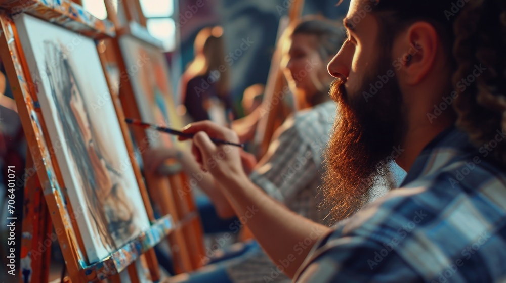 Aufkleber A man with a beard is seen painting on a canvas. This image can be used for various creative projects