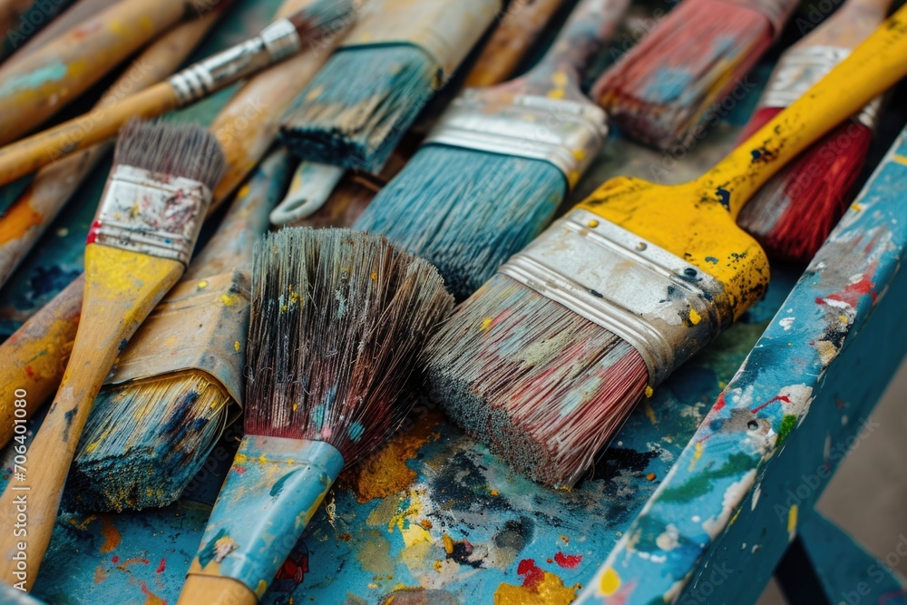 Poster a collection of paint brushes neatly arranged on a table. ideal for art and creativity projects