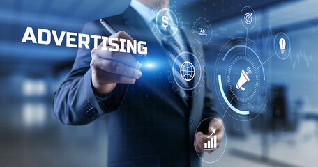 Advertising Marketing strategy concept. Businessman pressing button.