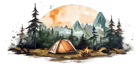 Camping in the forest. Watercolor painting of tent in mountain forest isolated on transparent background. Watercolor camping hand drawn