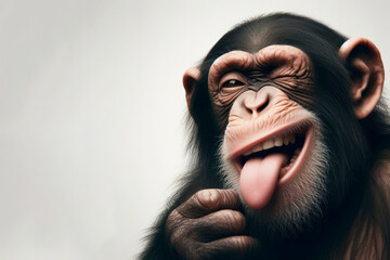 Funny chimpanzee winking and sticking out tongue with copy space for text on solid white background. ai generative