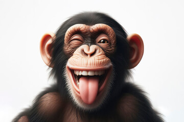 Funny chimpanzee winking and sticking out tongue with copy space for text on solid white background. ai generative - obrazy, fototapety, plakaty