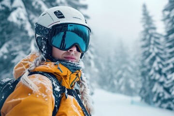 A person wearing a helmet and goggles in the snow. Perfect for winter sports and outdoor activities