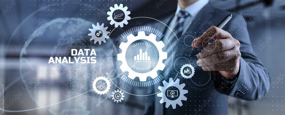 Poster businessman pressing virtual button data analysis text on screen.