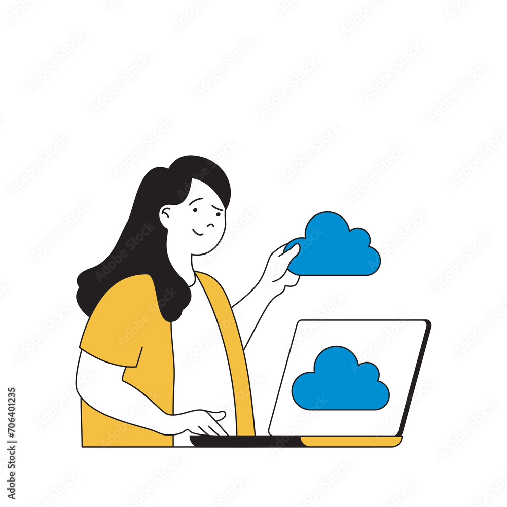 Poster Cloud computing concept with cartoon people in flat design for web. Woman making data backup and sharing access to files with clients. Vector illustration for social media banner, marketing material.