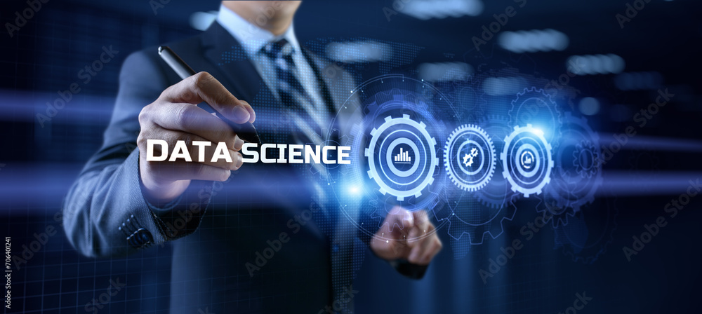 Poster data science analytics concept. businessman pressing button on screen.