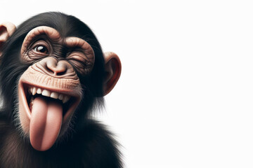 Funny chimpanzee winking and sticking out tongue with copy space for text on solid white background. ai generative