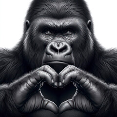 gorilla with Hand fingers making heart shape isolated on white background. ai generative