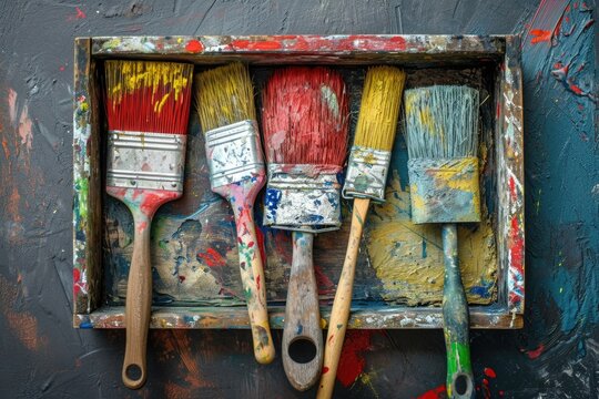 A wooden box filled with assorted paint brushes. Versatile and suitable for various art projects