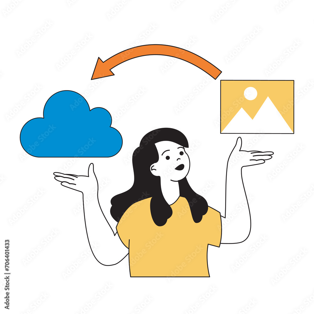 Poster cloud computing concept with cartoon people in flat design for web. woman making files backup and tr