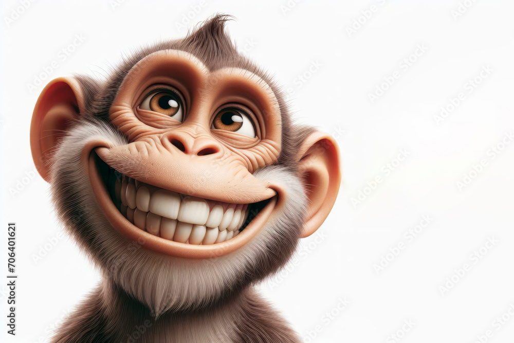 Poster monkey portrait with happy humour expressive and positive smiling on solid white background. ai gene