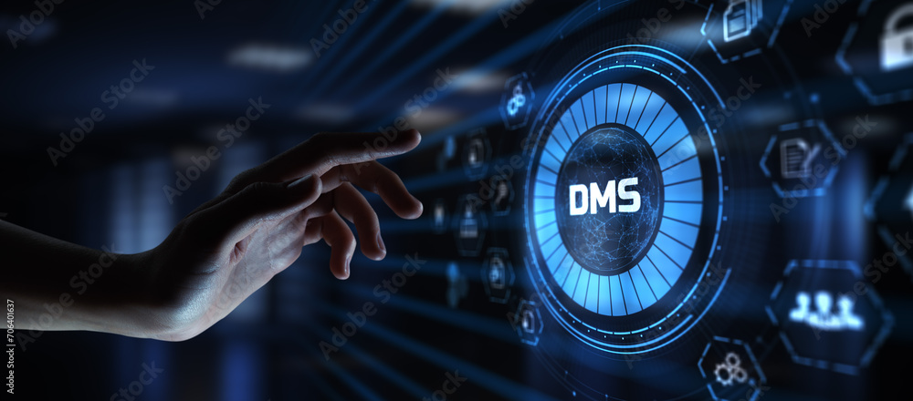 Aufkleber dms document management system business automation technology concept. hand pressing button on scree