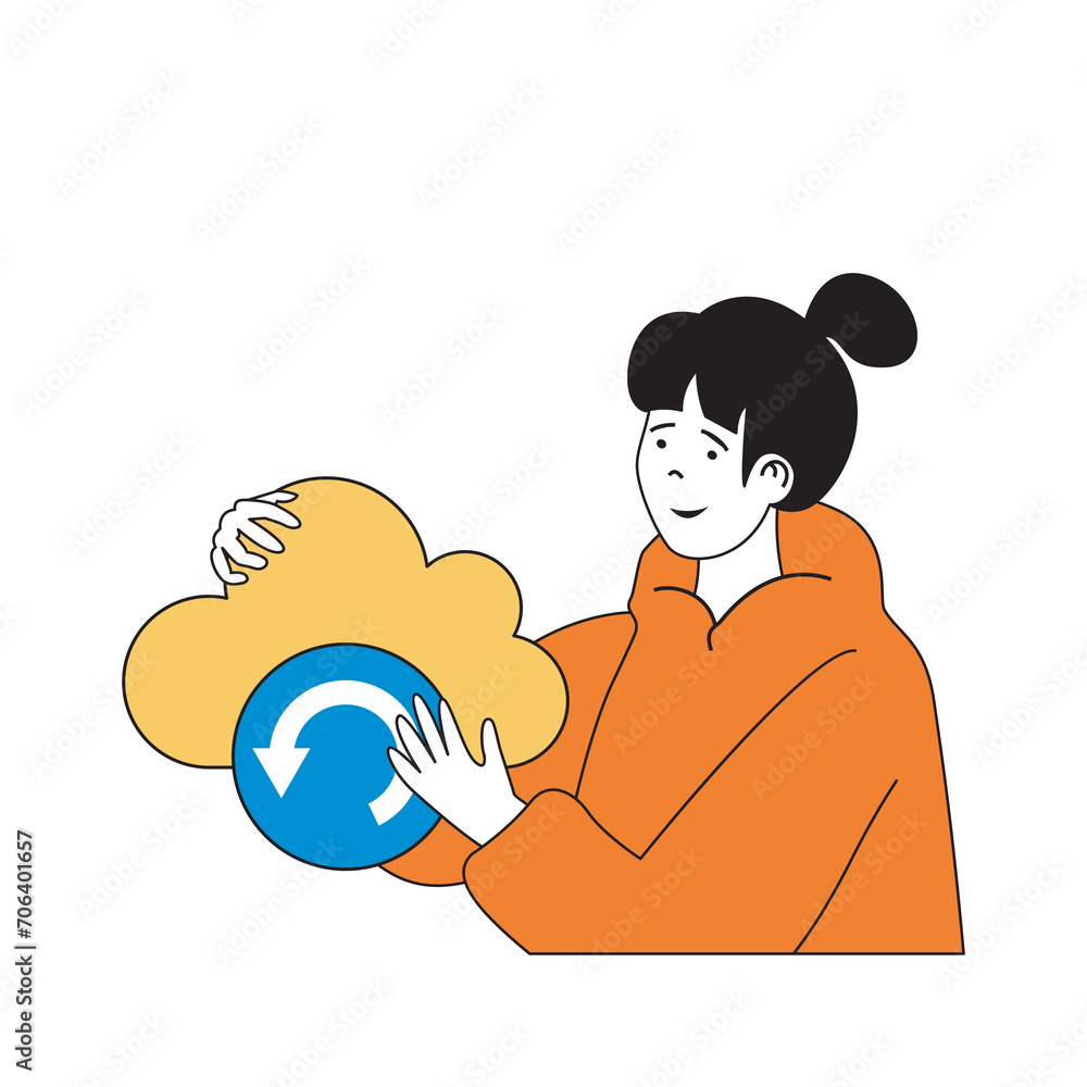 Aufkleber Cloud computing concept with cartoon people in flat design for web. Woman making transfer files to online storage and processing data. Vector illustration for social media banner, marketing material.