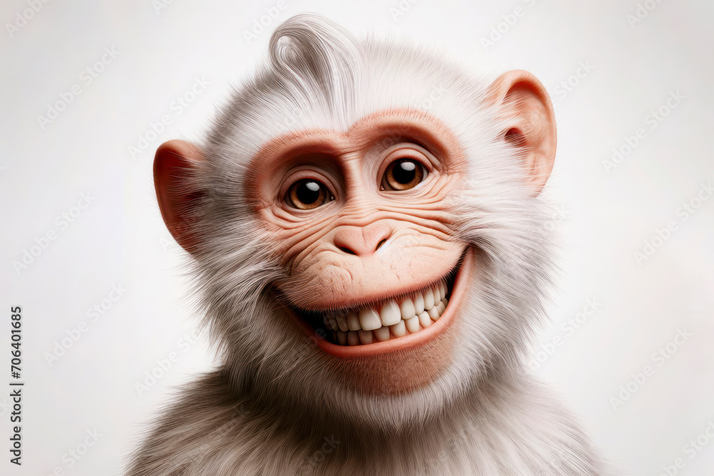 Poster monkey portrait with happy humour expressive and positive smiling on solid white background. ai gene