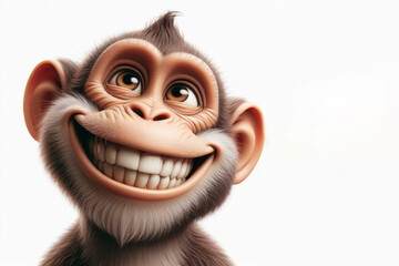 Obraz premium Monkey portrait with happy humour expressive and positive smiling on solid white background. ai generative