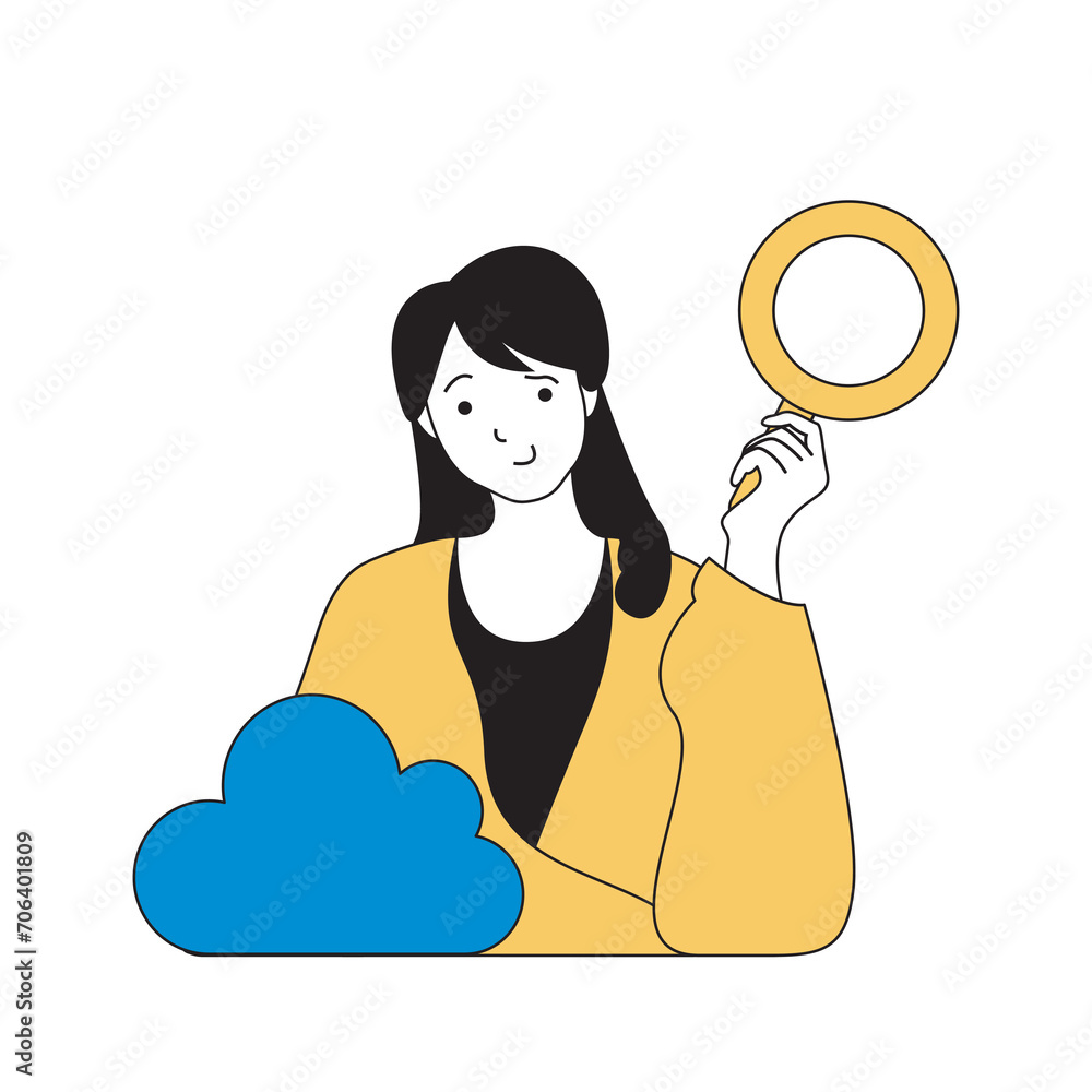 Fototapete cloud computing concept with cartoon people in flat design for web. woman with magnifier searching d