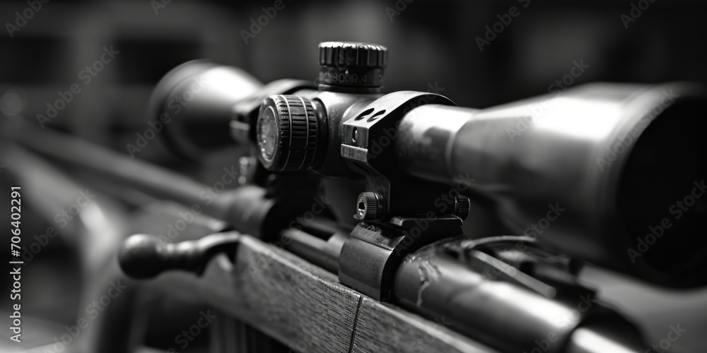 Aufkleber A detailed close-up view of a rifle with a scope. This image can be used for illustrating firearms, hunting, or military themes
