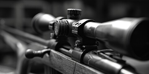 A detailed close-up view of a rifle with a scope. This image can be used for illustrating firearms, hunting, or military themes