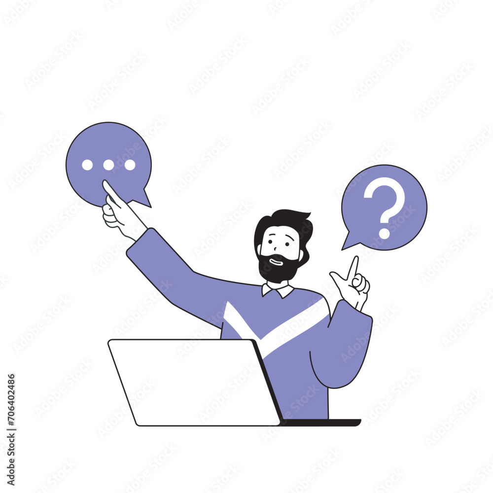 Poster teamwork concept with cartoon people in flat design for web. man with questions connecting with coll