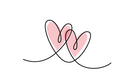 Two hearts in simple one line style and color shape love signs. Love