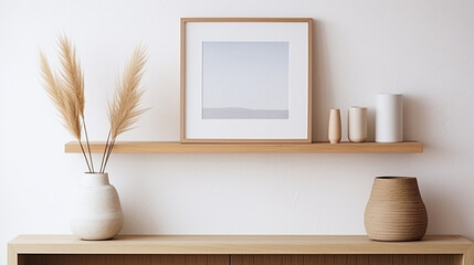 Stylish Storage: Wood Floating Shelf with Frames and Vases on White Wall