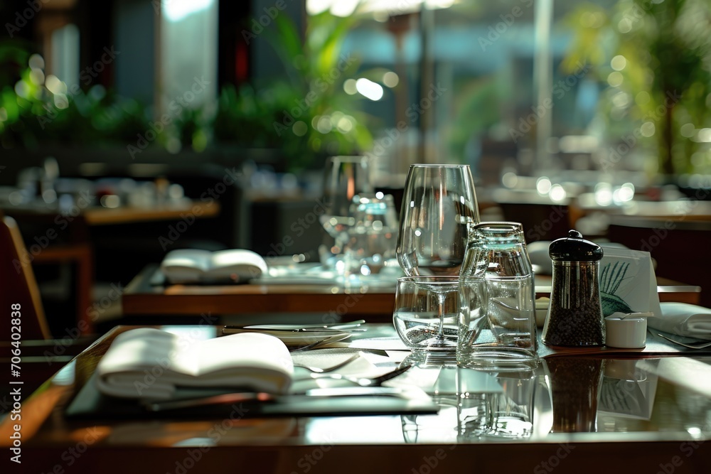 Poster a table set with empty wine glasses and napkins. perfect for showcasing elegant dining experiences o