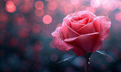 Love in Pink: Red Rose on Pink Background with Bokeh Lights, Offering a Romantic Design and an Elegant Space to Express Affection and Wishes.
