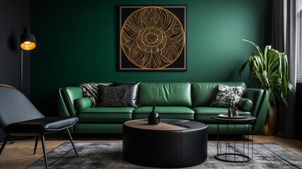 Art Deco Opulence: Green Leather Sofa and Round Coffee Table Against Black Wall with Pattern Art Poster