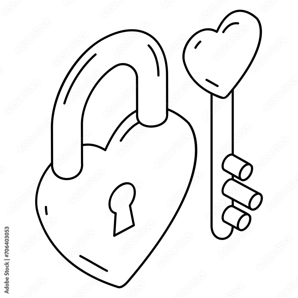 Poster lock and key isometric concept, heart shape padlock with key vector icon design, obsession crush sym