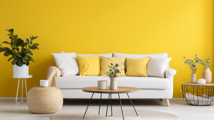 Cozy Elegance: Yellow Accents in a Scandinavian Home with Round Coffee Table and White Sofa