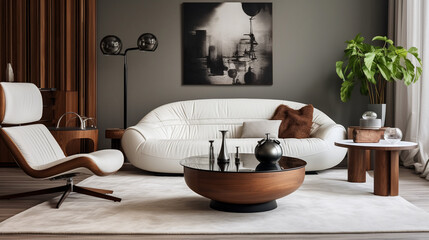 Fototapeta na wymiar Glamour and Elegance: Hollywood Glam Style Living Room with Round Wooden Coffee Table