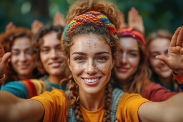 Naklejka premium Volunteering. Young people volunteers have activity at outdoors. Generative AI