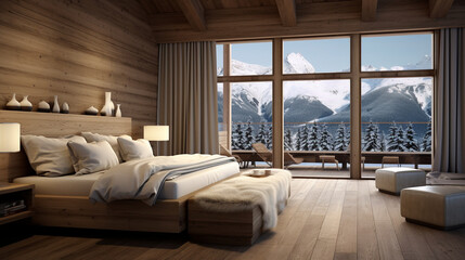 Serenity in Snow: Modern Rustic Bedroom Design in a Chalet with Mountainous Backdrop