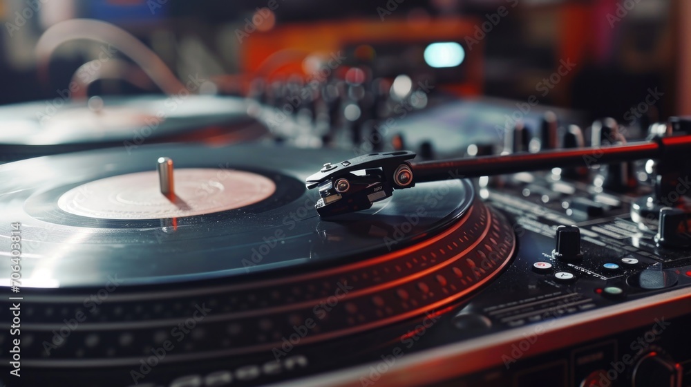 Poster A close-up view of a turntable with a record playing on it. This image can be used to represent music, vinyl records, nostalgia, or DJ culture