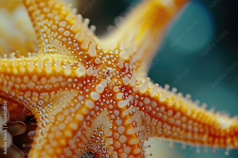 Poster A detailed view of a starfish covered in water droplets. This image captures the intricate patterns and textures of the starfish, along with the sparkling water droplets on its surface.