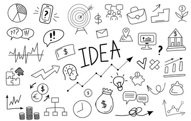 Financial, business and bank icons vector set. Money,  finance and charts, infographics,  goal, handwritten  words, communication and success. Vector illustration. Isolated linear hand drawn doodles. 