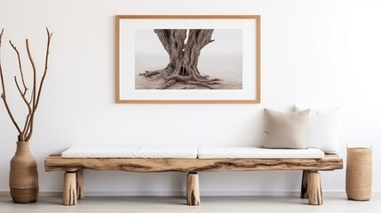 Farmhouse Bohemian: Old Wood Log Bench and Art Poster Frame in Rustic Living Room Design