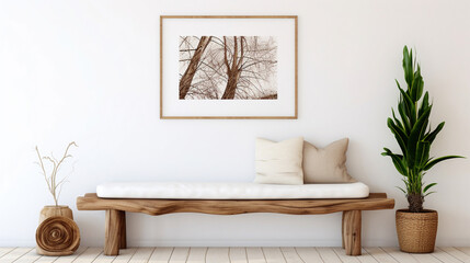 Boho Charm: Rustic Wood Log Bench Near White Wall with Art Poster Frame in Farmhouse Living Room