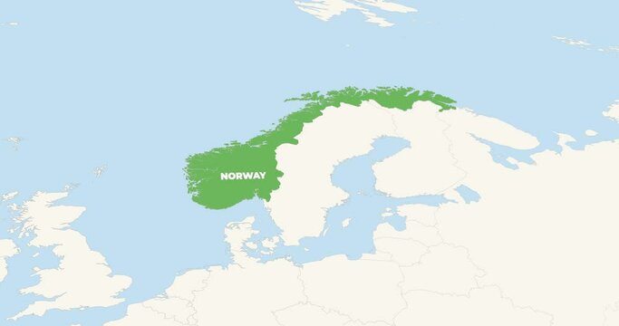 World Map Zoom In To Norway. Animation in 4K Video. Green Norway Territory On Blue and White World Map