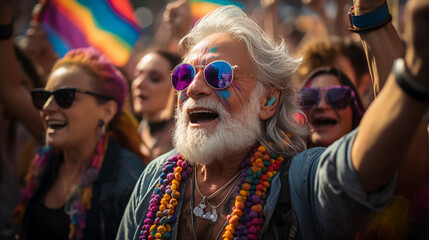 Mature man screaming at LGTBI pride day event.