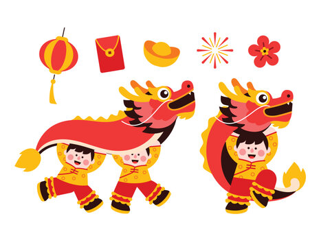 Dragon dance, chinese new year elements in modern minimalist geometric style. Colorful illustration in flat vector cartoon style. Cute chinese boy in dragon costume on white isolated background.