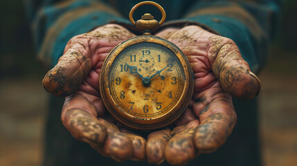 Dirty, worn hands carefully hold an old pocket watch. The watch is vintage, with roman numerals, showing the value of time and hard work