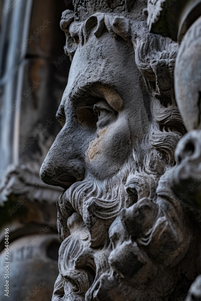 Poster A close up view of a statue depicting a man with a beard. This image can be used to represent masculinity, wisdom, or historical figures