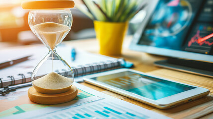 hourglass on a busy desk, with sand trickling down. There's a tablet, graphs, a notebook, and a plant pot in the background