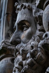 A close up view of a statue depicting a man with a beard. This image can be used to represent masculinity, wisdom, or historical figures