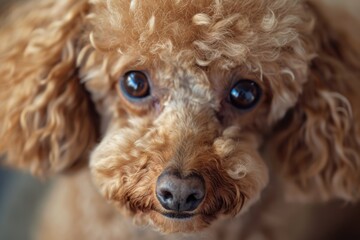 A detailed view of a Poodle dog's face. This image can be used to showcase the unique features and expressions of a Poodle. Perfect for dog breed profiles and pet-related articles