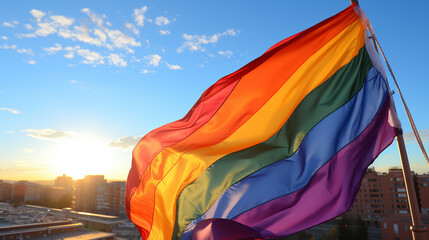 Photo of a vibrant rainbow flag waving proudly against the backdrop of the bustling city skyline to celebrate the pride of the LGBTQ+ community - obrazy, fototapety, plakaty