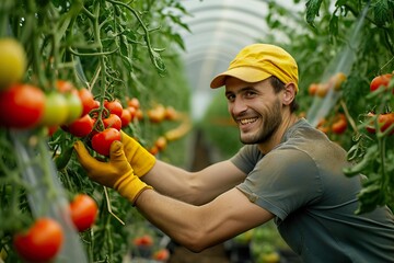 Worker picking up two tomatoes from the tomato plant and smiling